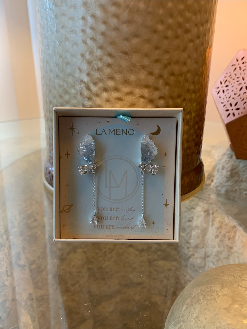 La Meno Angel Wings Blue Crystal Drop Earrings